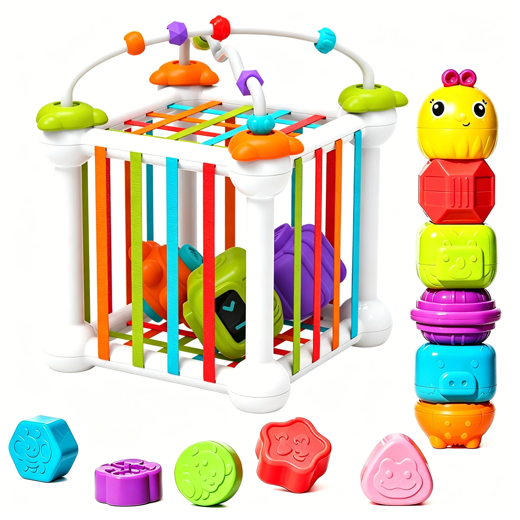 

Rainbow Sensory Shape Sorting Cube Toy Multi-Functional Sensory Bin with Stackable Matching Blocks Montessori Early Toddlers Toy
