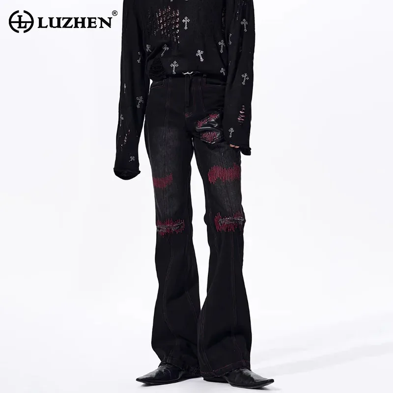 

LUZHEN 2026 Original Personalized Embroidery Patched Patchwork Design Denim Bell-bottoms Pants Men's Trendy Street Jeans JY6405