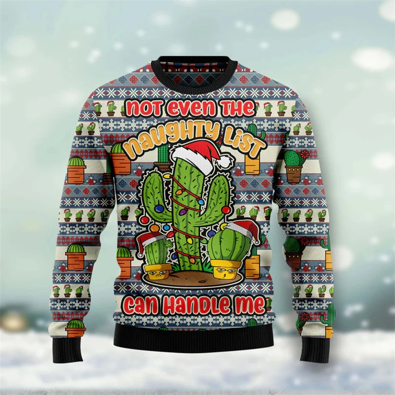 Cartoon Cactus Pattern Ugly Christmas Sweater Men Women Happy New Year Hoodies Tops Street Holiday Party Oversized Sweatshirts