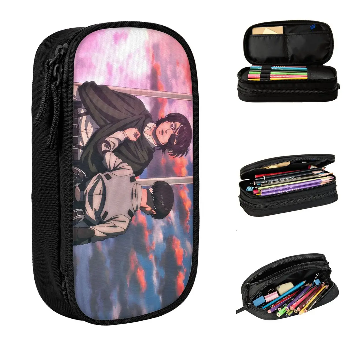 ليفي أكرمان شعبية أنيمي مقلمة مقلمة المدرسة طبقة مزدوجة فتاة بوي موضة المحمولة قلم رصاص الحقيبة اللوازم المدرسية