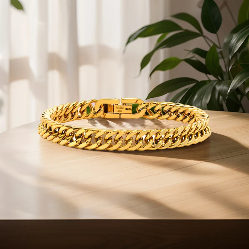 Luxury 24K 9999 Pure Gold real gold Men's Hip Hop Cuban Chain Four-sided Grinding Classic Bracelet