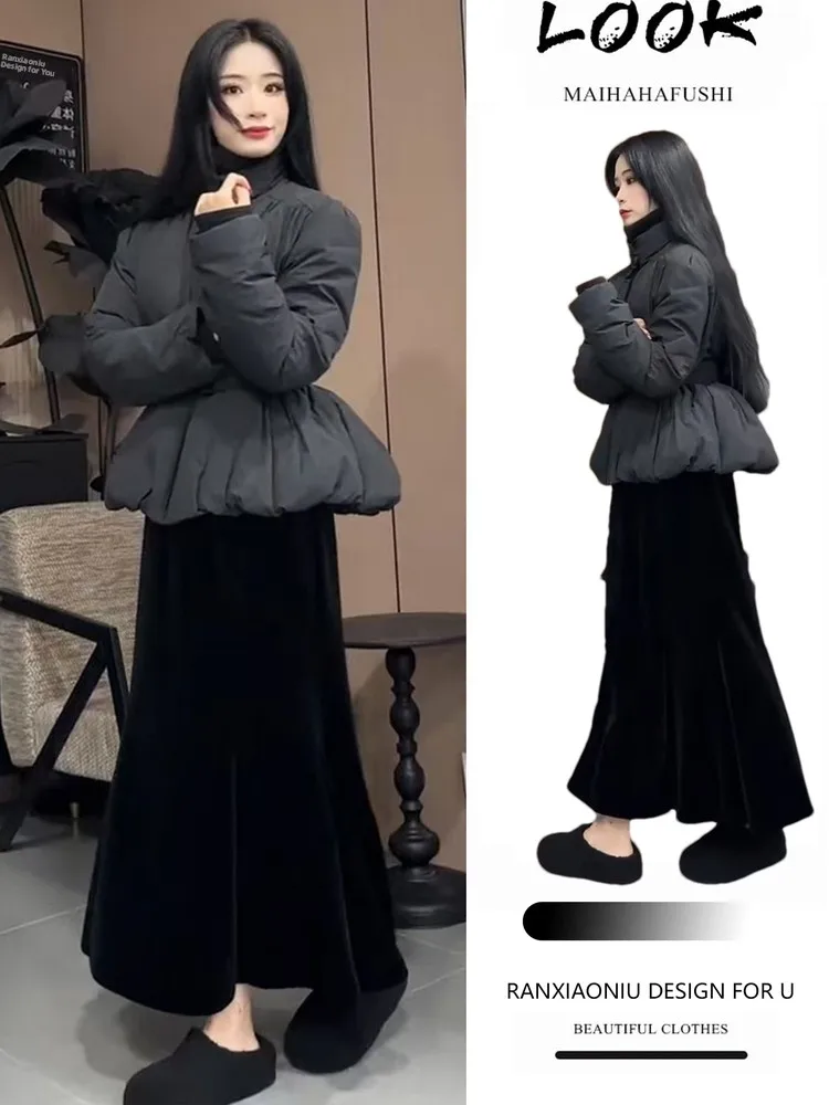 

Женский зимний модный комплект: утепленное пальто с длинными рукавами из хлопка, с высокой талией, фасон «рыбий хвост», не объемное, теплое, в стиле «слим»