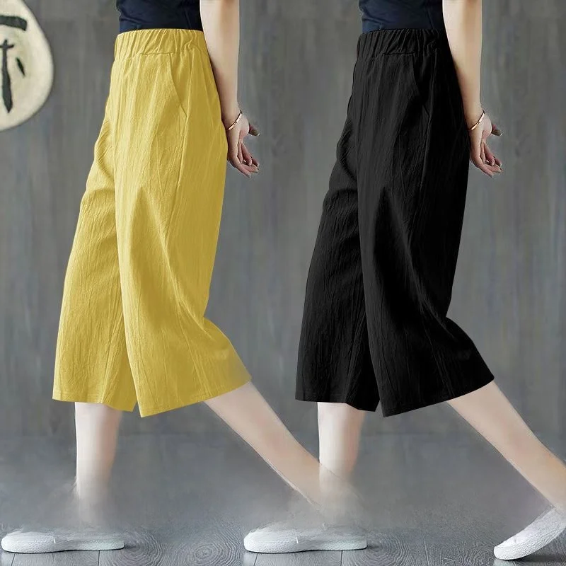 

Pure Color Wide Leg Pants Women's Spring Summer Thin Simple Match Elastic Waist Casual Pants Seven Points Pants