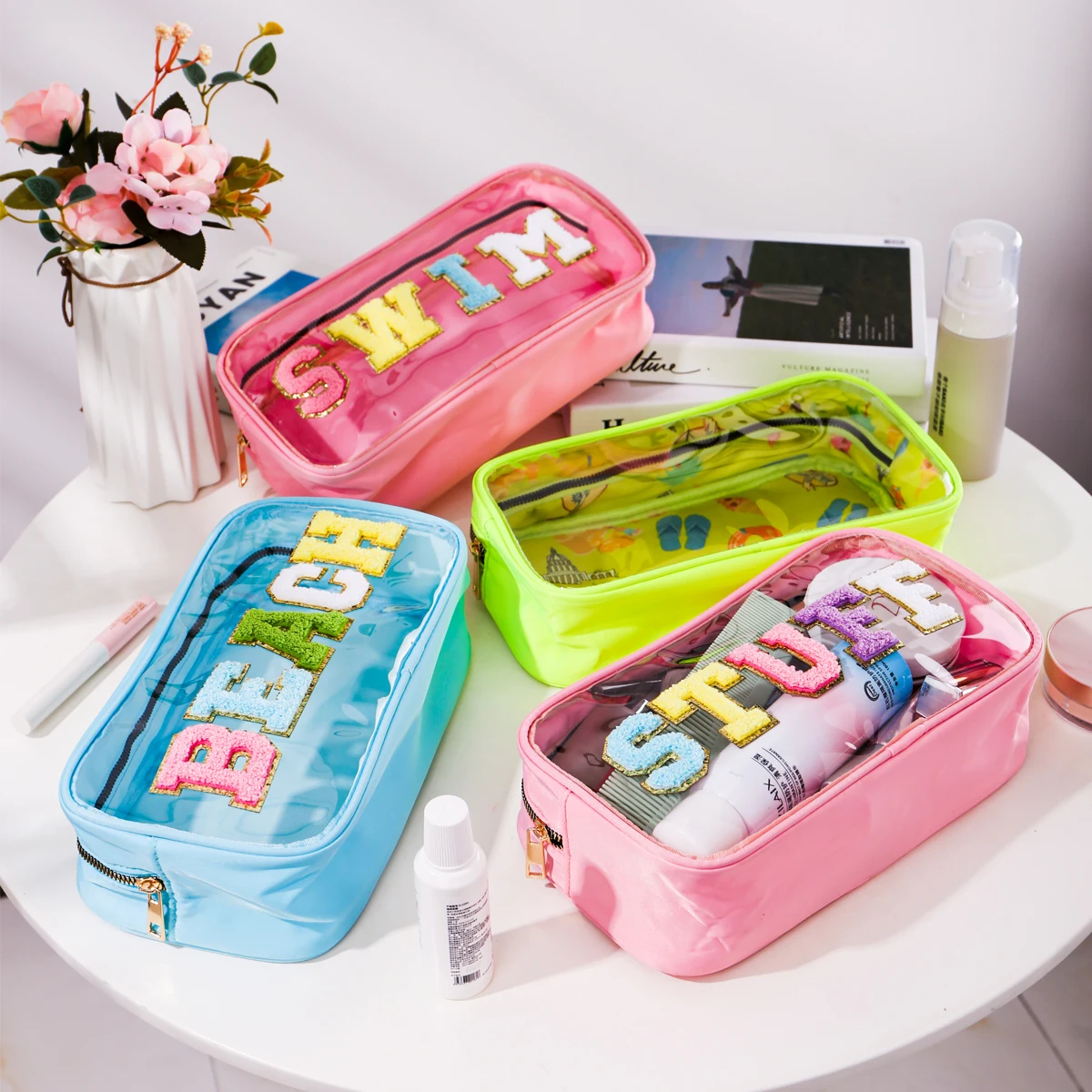 Women Girls Nylon Waterproof Glitter Chenille Letter Transparent  Clear Preppy Patch Makeup Stuff Pouch Cosmetic Bag