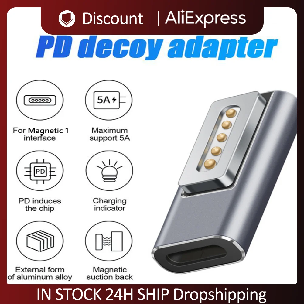 Adaptor magnetik, konverter steker Magnet, pengisian komputer Notebook tipe-c PD 5A, adaptor magnetik untuk Macbook Air/Pro