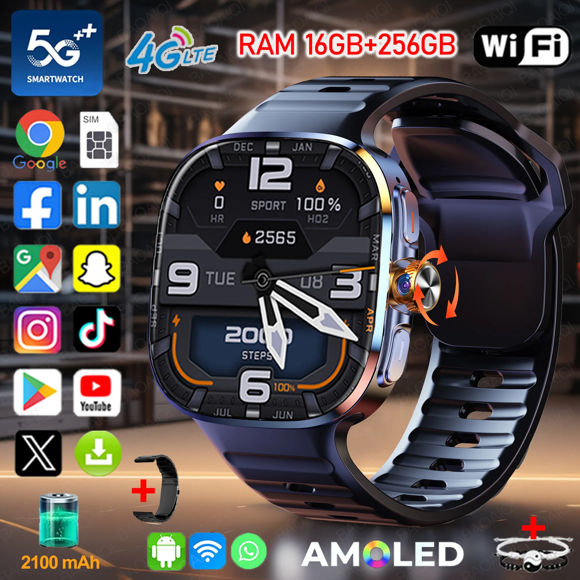 

New Large Screen Smartwatch 4G/5G Android 10.0 AMOLED 2.4 inch 900W Pull-out Swivel Camera WIFI GPS Smart watch 16GB+256GB RAM