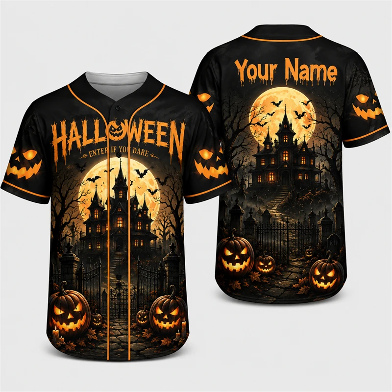 Personalized Ghost Black Cat Halloween Baseball Jersey For Men Women Custom Your Name 3D Print Unisex Horror Theme Cosplay Tops