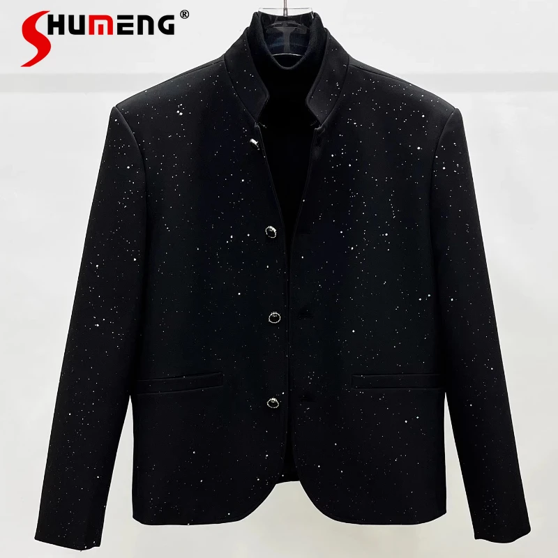 

Мужские осенние новые модные пиджаки 2024, высококачественные пиджаки с воротником-стойкой и подкладкой на плечах, свободные пальто на заказ, стильные пиджаки