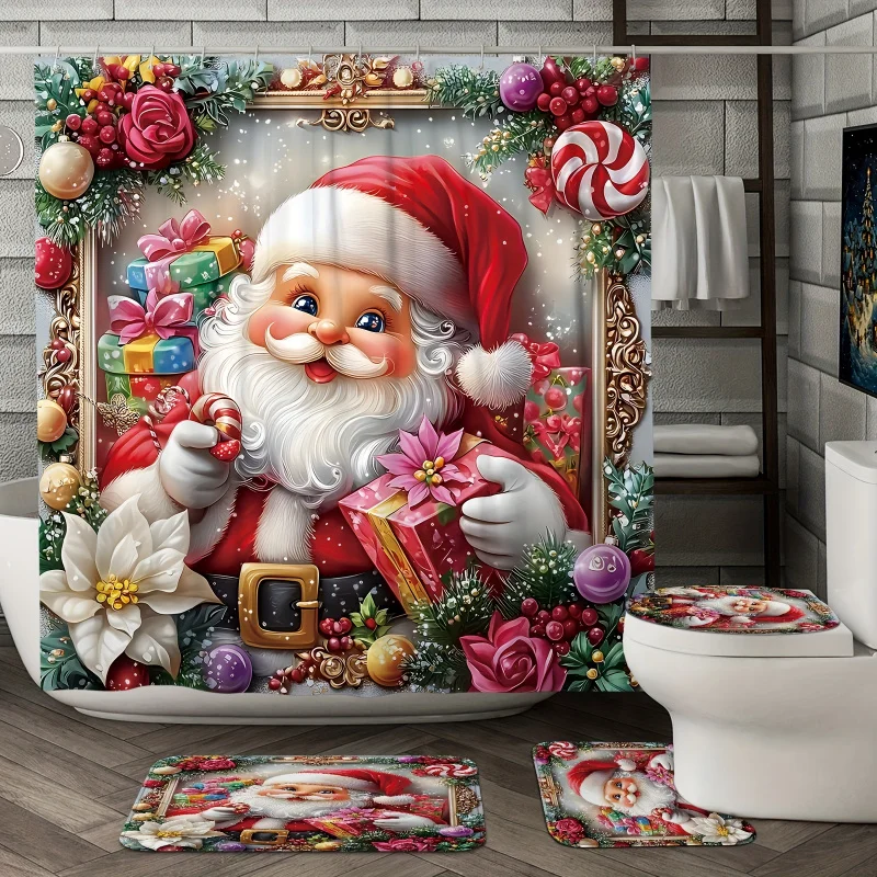 [OpenJIT] 1/4pcs Christmas Winter Set Santa Floral Candy Cane Gift Cute Red Green Shower Curtain Polyester Washab