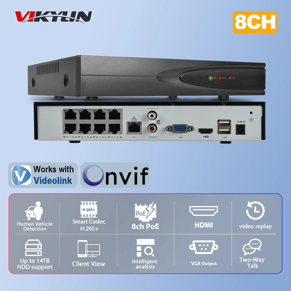 Vikylin 4K NVR UP to 12MP Home CCTV Security Surveillance System 8ch 8POE Support Hard Disk Network Video Recorder P2P H.265+