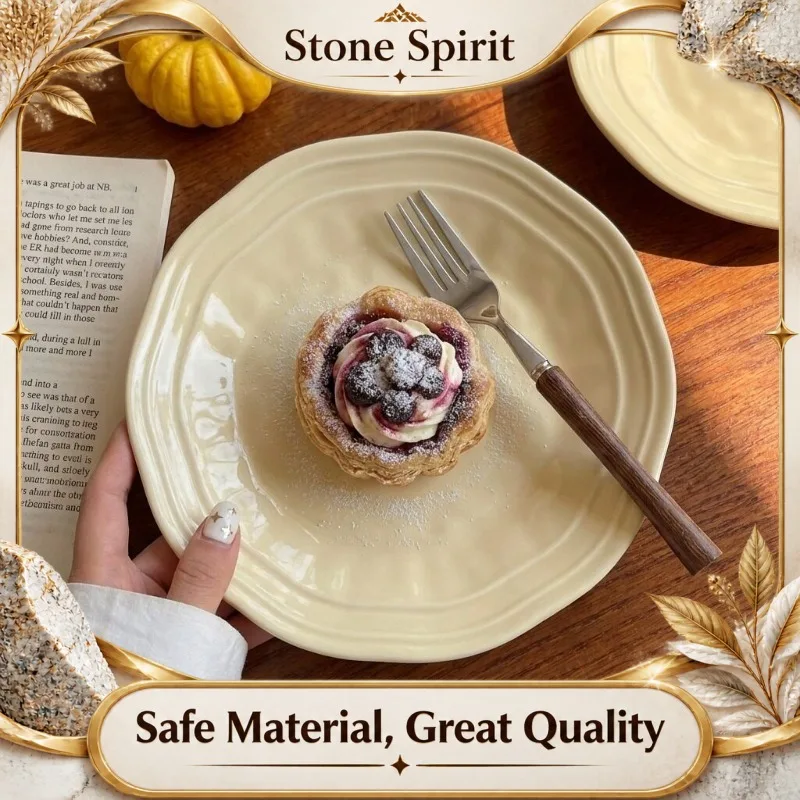 Assiette creuse en céramique tendance de 8 pouces, plat de service irrégulier de style crème pour dessert et petit-déjeuner, cadeau de vaisselle haut de gamme pour la cuisine à domicile.