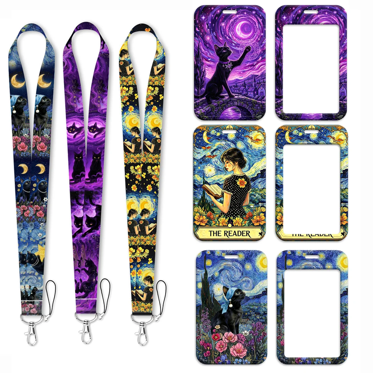 Van Gogh Starry Night Black Cat Lanyard Strap Keychain Card Cover Badge Holder Mobile Phone Hang Rope Keyring Accessories Gifts