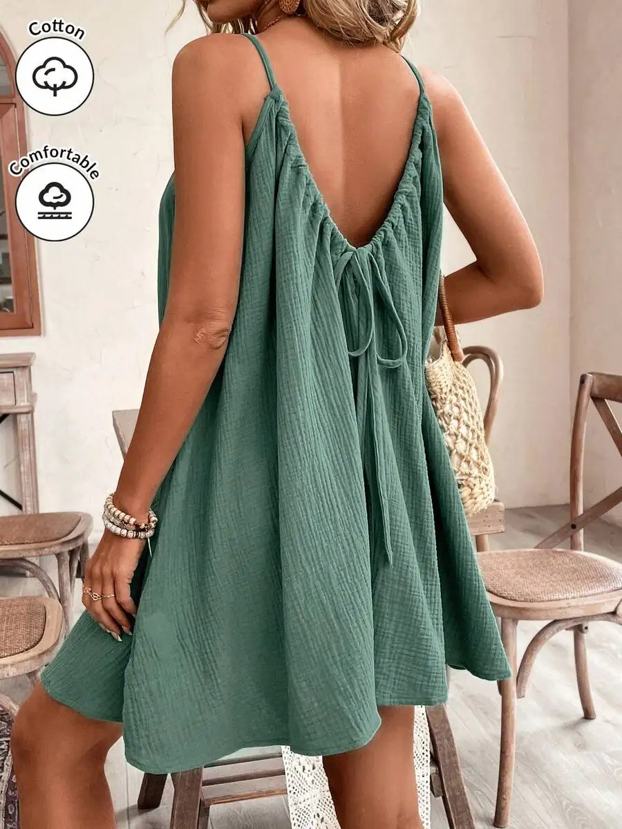 

Зеленый хлопковый сарафан в стиле бохо с завязками на спине для лета