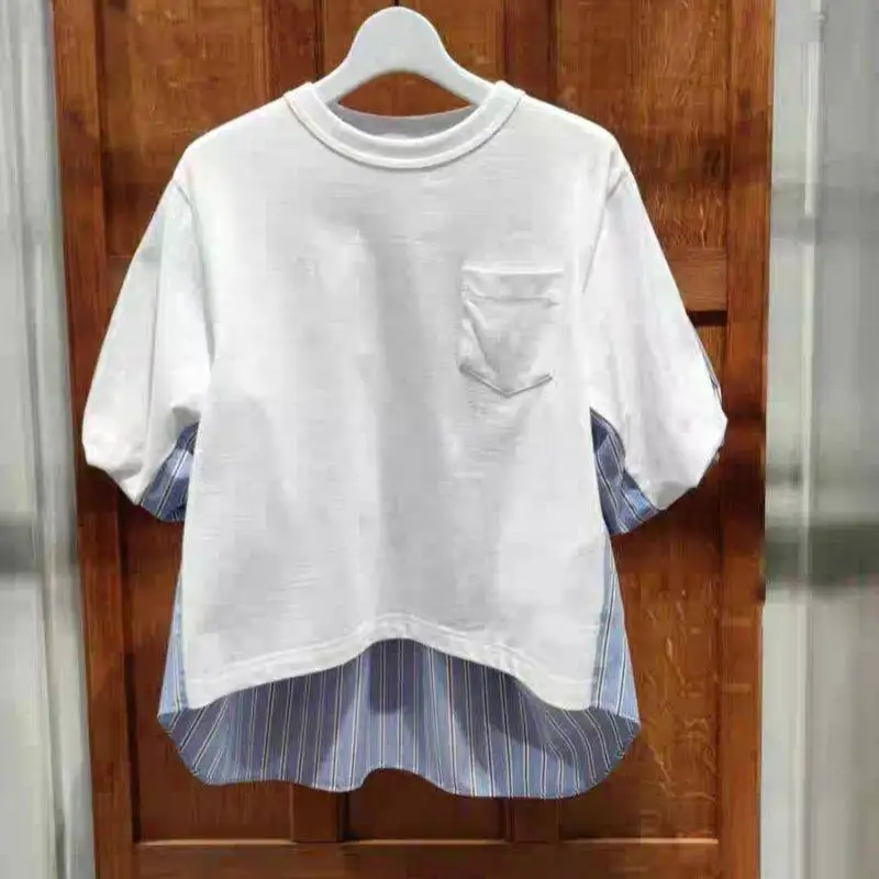 SAC 25 Summer Splicing Two-Color Striped T-Shirt Loose Crew Neck Bubble Sleeves Short Sleeves