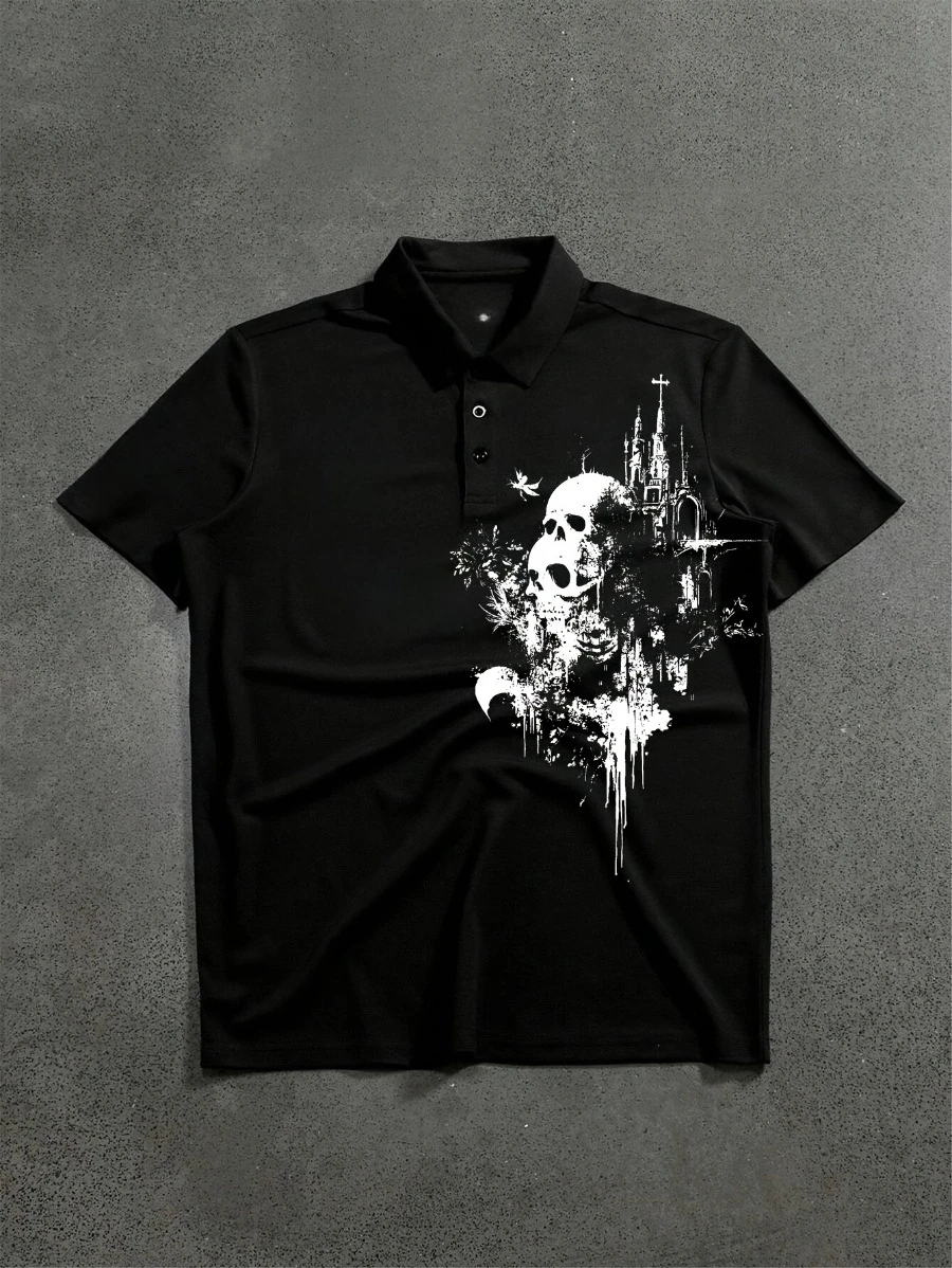 Men's Short-Sleeve T-Shirt Polo Shirt with Skull Print, Swagger Biker Style, Loose Fit, Slightly Stretchy Fabric
