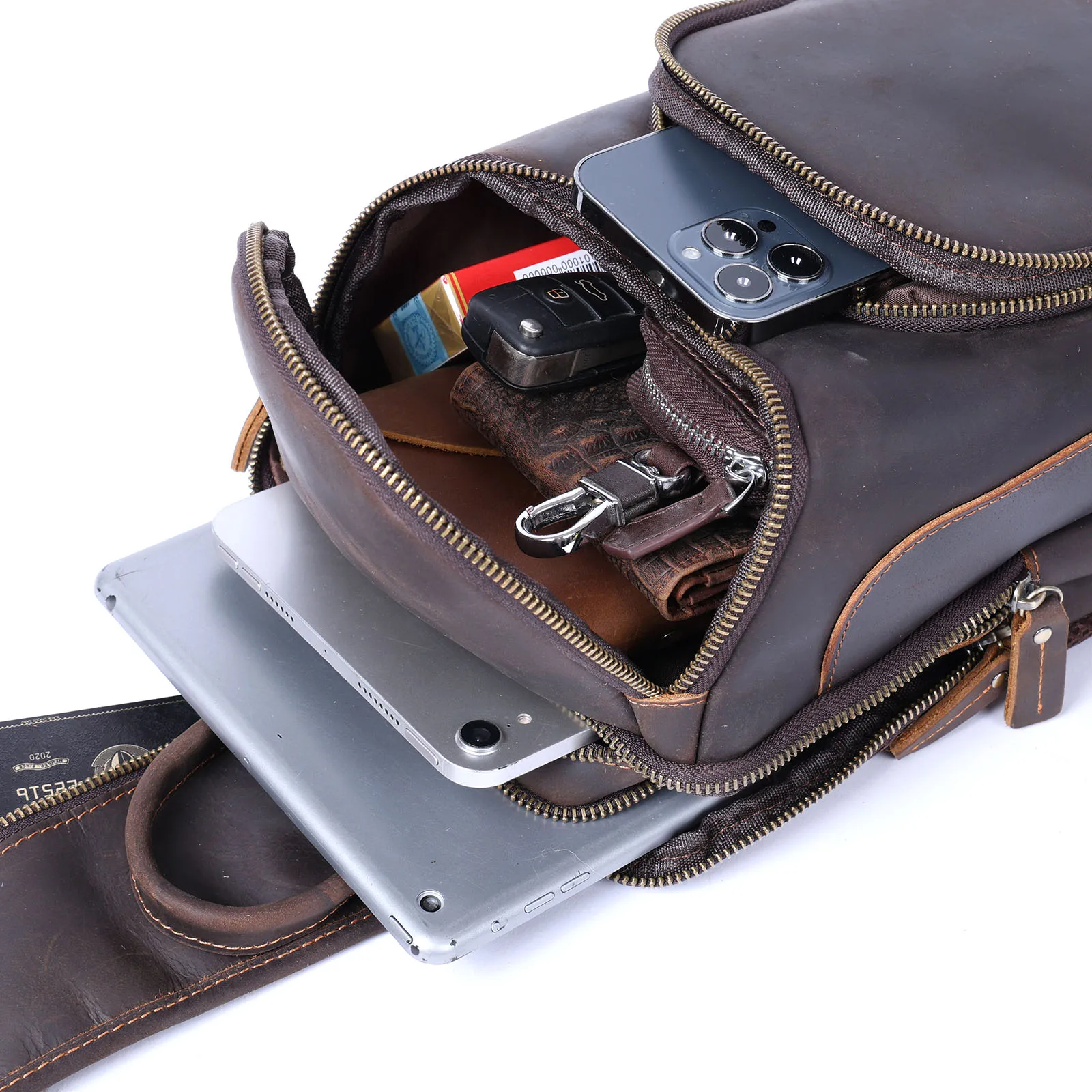 Hochwertige Echtleder-Brusttasche für Herren, Vintage Vollnarbenleder-Umhängetasche, Herren-Schultertasche, Sling Bag, Tagesrucksack – Detail 18