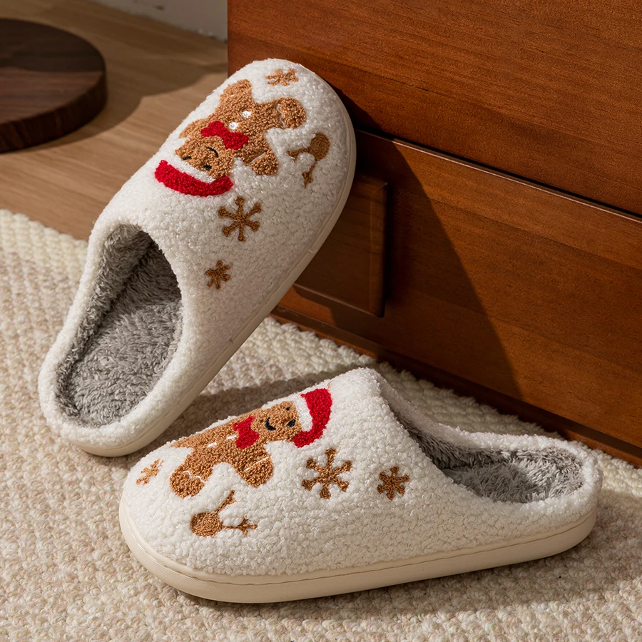Women's Christmas Slippers Adorable Indoor Festival Gingerbread Man Embroidery Couple Fashion Winter Holiday Christmas Shoes - Image 5