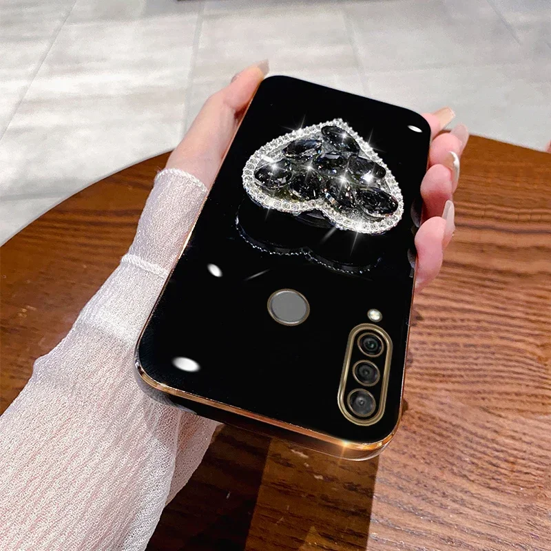 

For Huawei P70 P30 P40 P30Lite Pro Mate 30 20X Nova 12 11 10 Y9Prime Y9S Y7A Fashion Diamond Heart Plating Bracket Cover Caqa