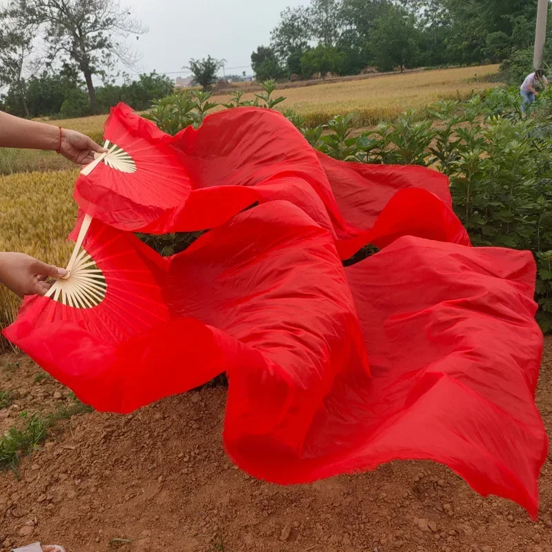 Handmade Red Color Bamboo Silk Fans For Women Belly Dancing Fans Dancer Practice Long Hand Fans Prop Costume Accessories