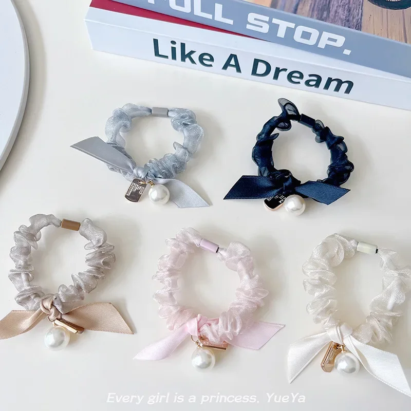 5 Stück, koreanischer Stil, süße Haarreifen mit Schleife, hochelastische Haargummis für Damen und Mädchen, schlichtes Haargummi mit Spitze, Haaraccessoires. – Detail 2