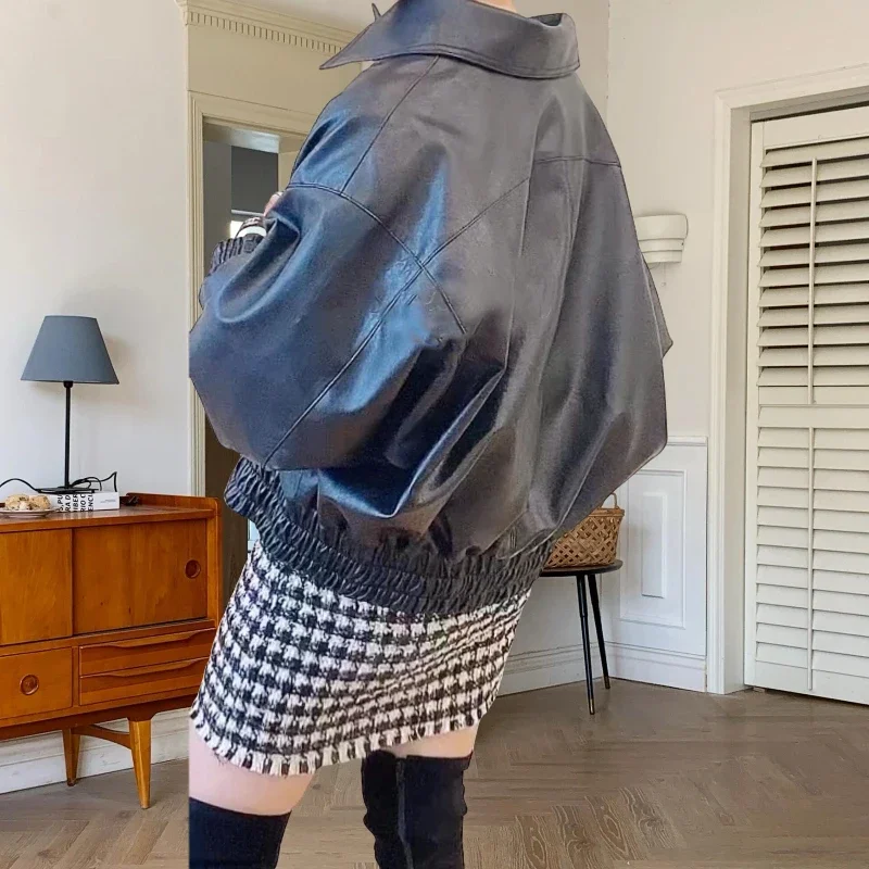 Printemps décontracté court Faux veste en cuir PU abricot couleur café noir femmes revers manches chauve-souris taille élastique PU Biker vestes