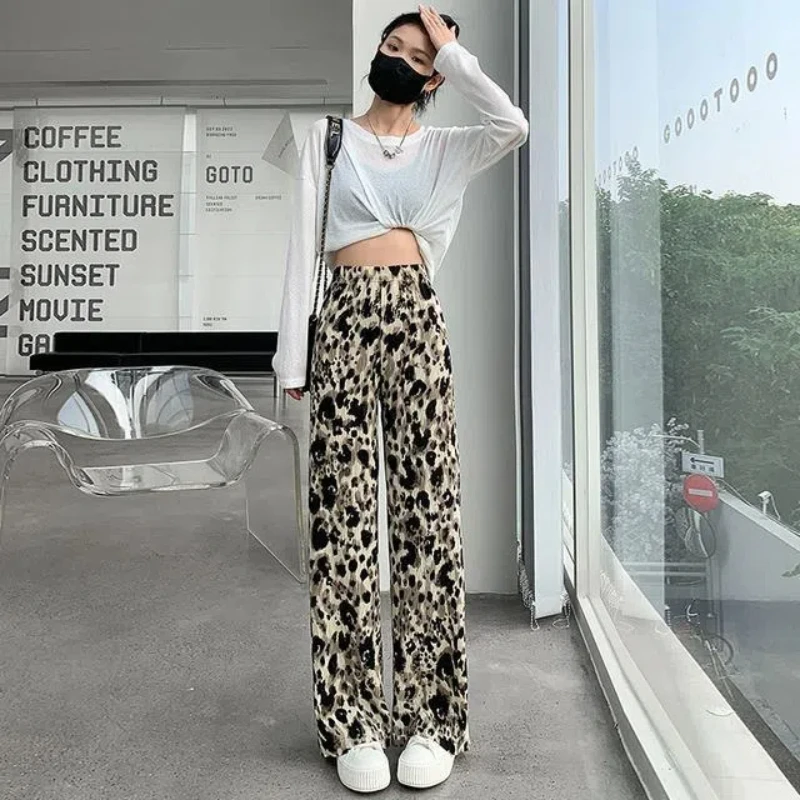 

Leopard Print Wrinkled Wide Leg Women's 2024 Summer New Patchwork Tie Dye Elasticized High-waisted Loose Straight Casual Pants