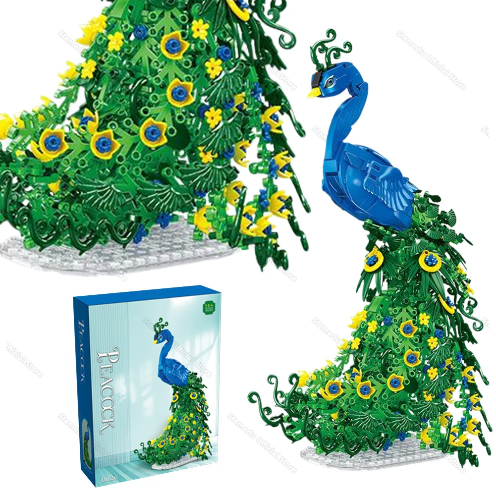 Flowery Peacock Nature Animal Small Particle Assembly Building Blocks Model Sets Ornaments Creative Bird Bricks for Living Room