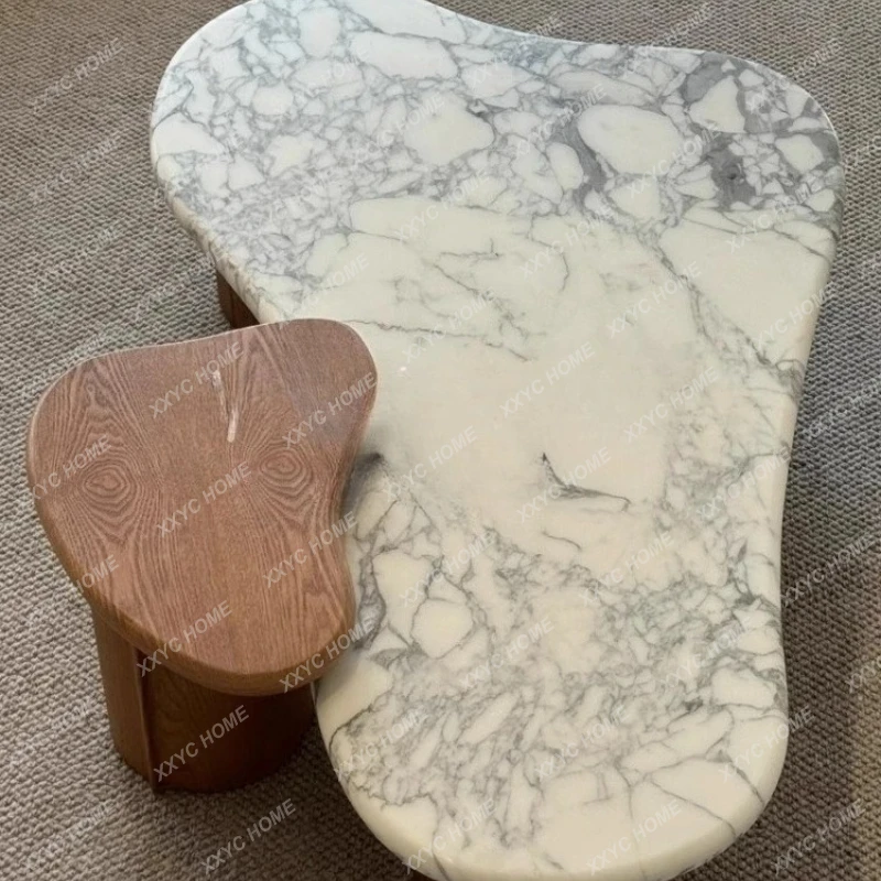 

Vintage Style Natural Travertine Solid Wood Walnut Tea Table Irregular Marble Coffee Table