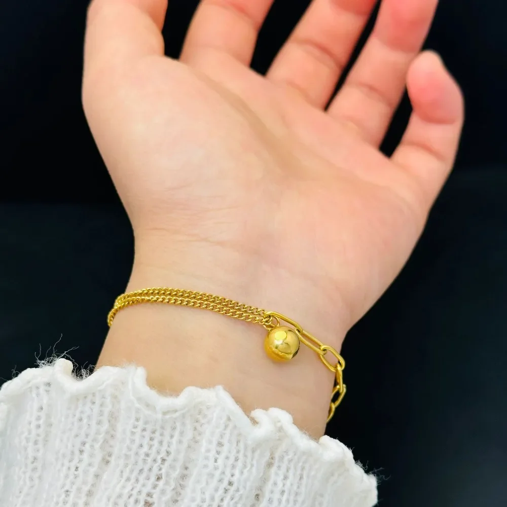 Stainless Steel Charm Gold Color Round Ball Lucky Bracelet for Women High Quality Retro Hip Hop Bangle Jewelry Gift Colorfast