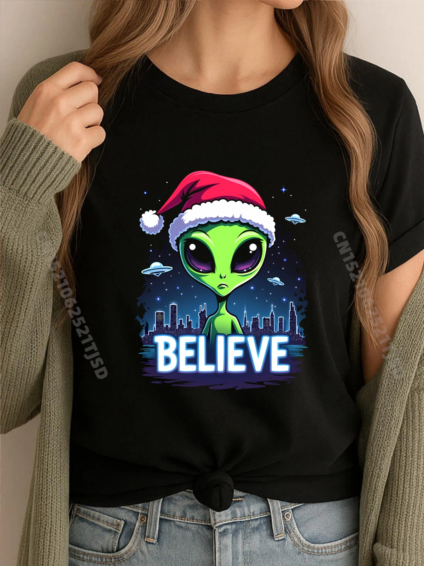 

I Want To Believe Aliens Ufo Забавная шапка с изображением инопланетянина Санта-Клауса Рождественские футболки для женщин Классическая брендовая одежда С Новым годом