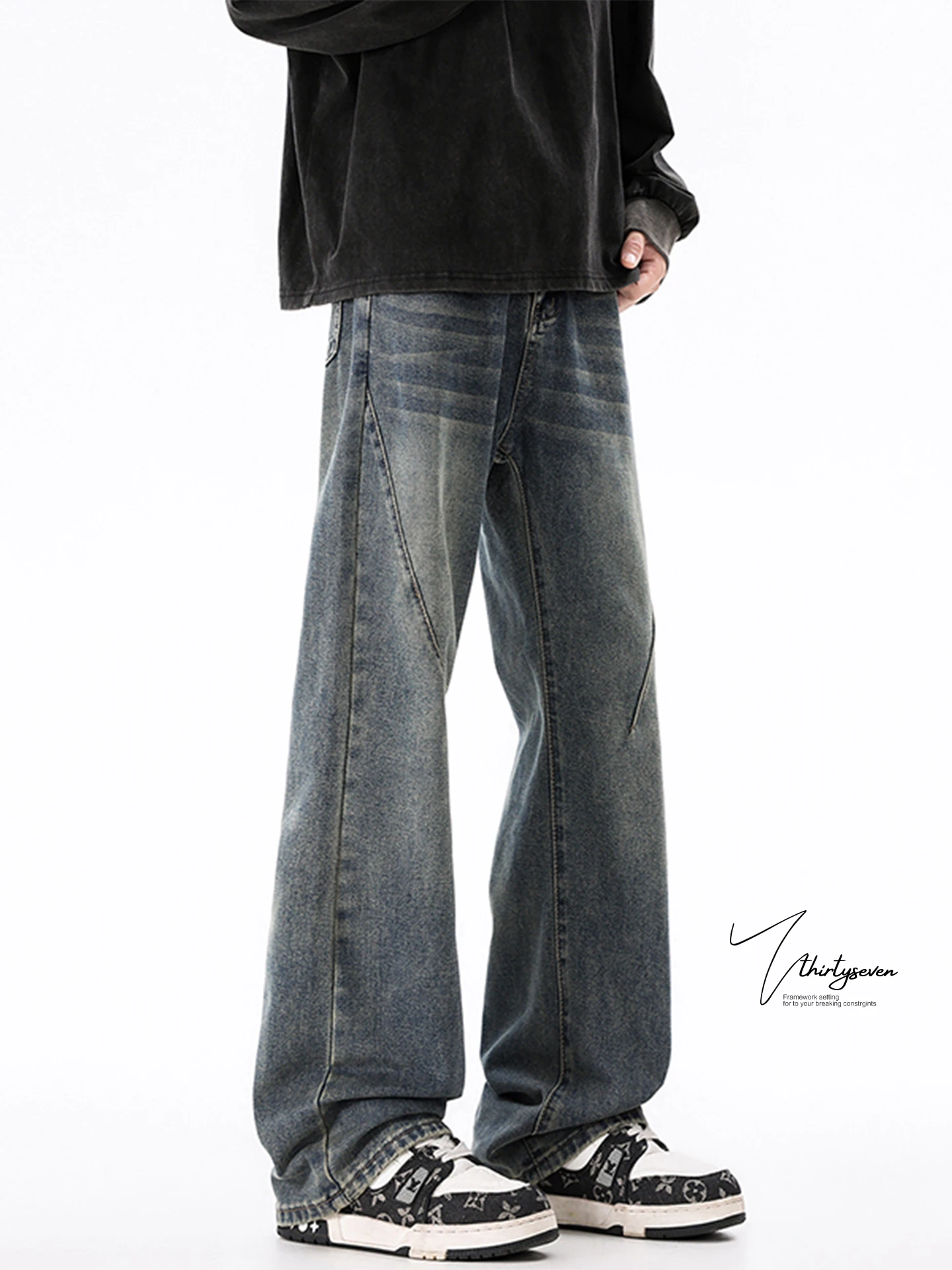 

V37 Винтажные мужские джинсы с американской талией High Street, узкие прямые длинные брюки, повседневные хлопковые и полиэстеровые брюки