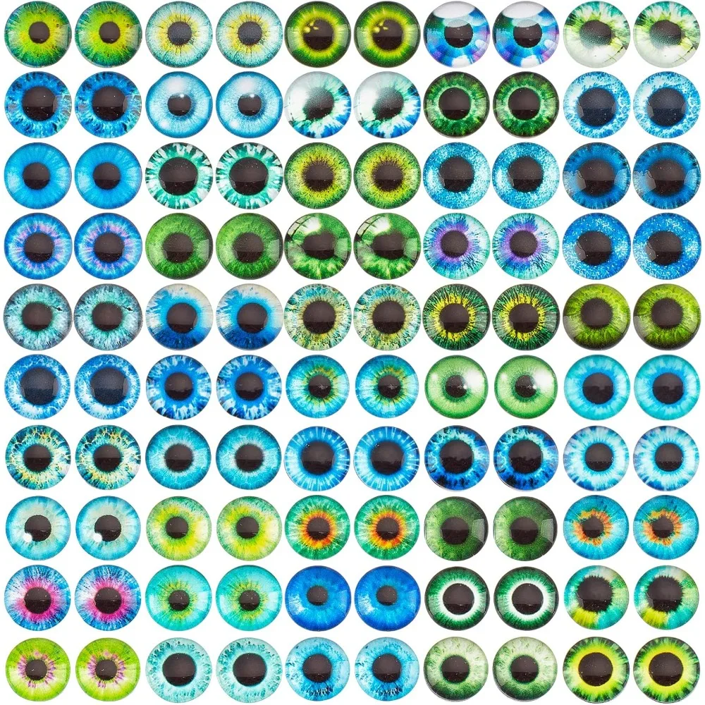 100pcs 10mm Eyes Glass Cabochons, 50 Styles Dragon Cat Owl Bird Human Pupil Crafts Eyes Half Round Gems Tiles Lucky Eye