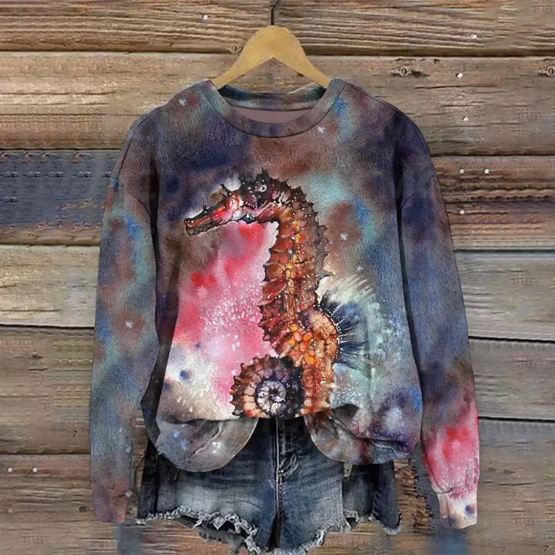 Seahorse Couple Oil Painting Art Print Crew Neck Sweatshirt 3D Printed Women Casual Pullover