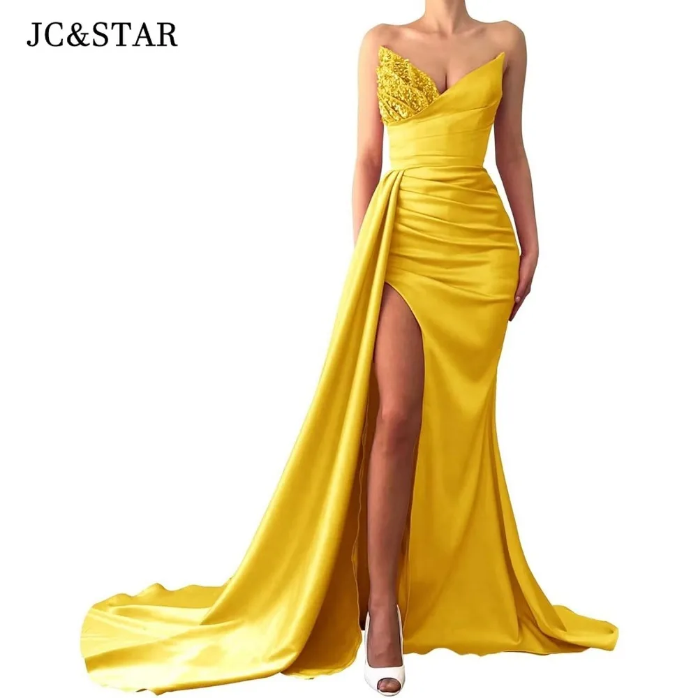

Gold Mermaid Satin Prom Dresses Sequin Beaded Long Slit Formal Evening Party Gown for Women Customized Wedding Party Robe