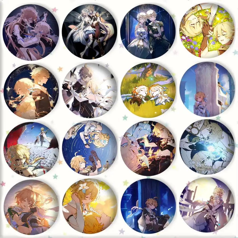 Anime Genshin Impact Aether X Lumine Abzeichen Runde Kunstbrosche Kleidung Rucksack Accessoires Reversnadel Laserh