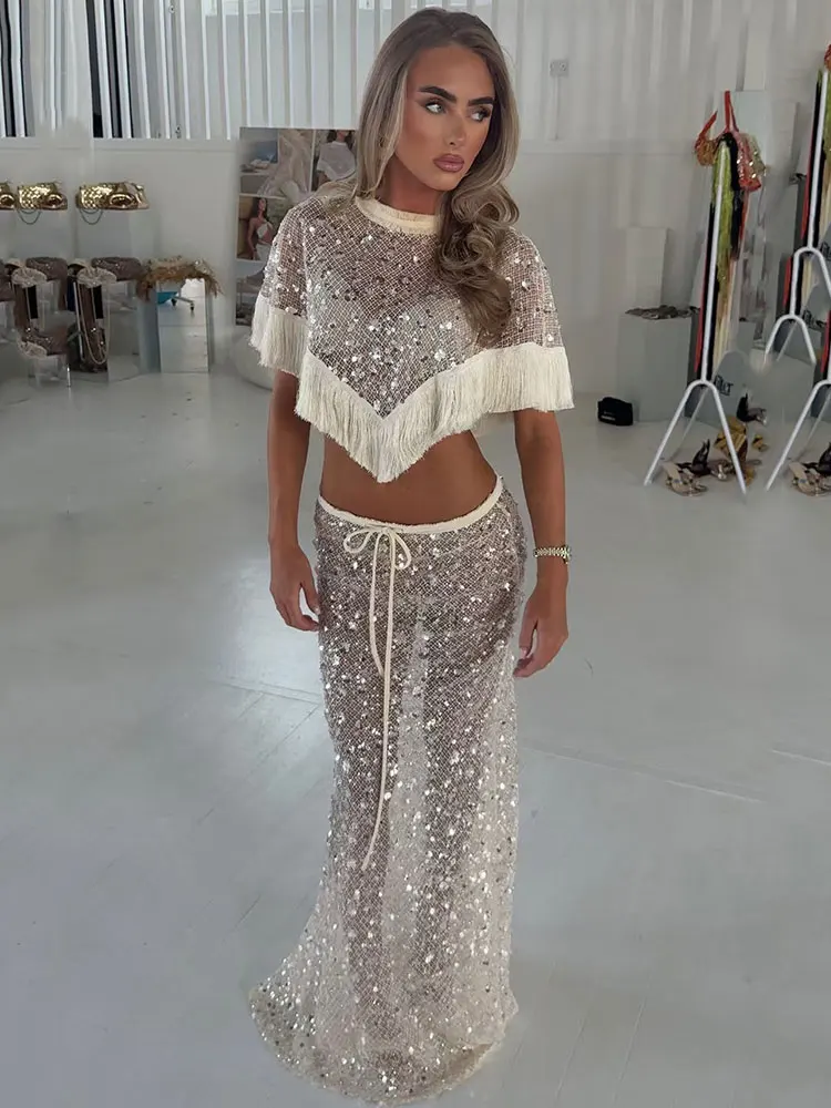 GACVGA Glitter Sequin Mesh Tassel Fringe Two Piece Set Women Sleeveless Crop Top Drawstring Long Skirt Beach Cover Matching Set