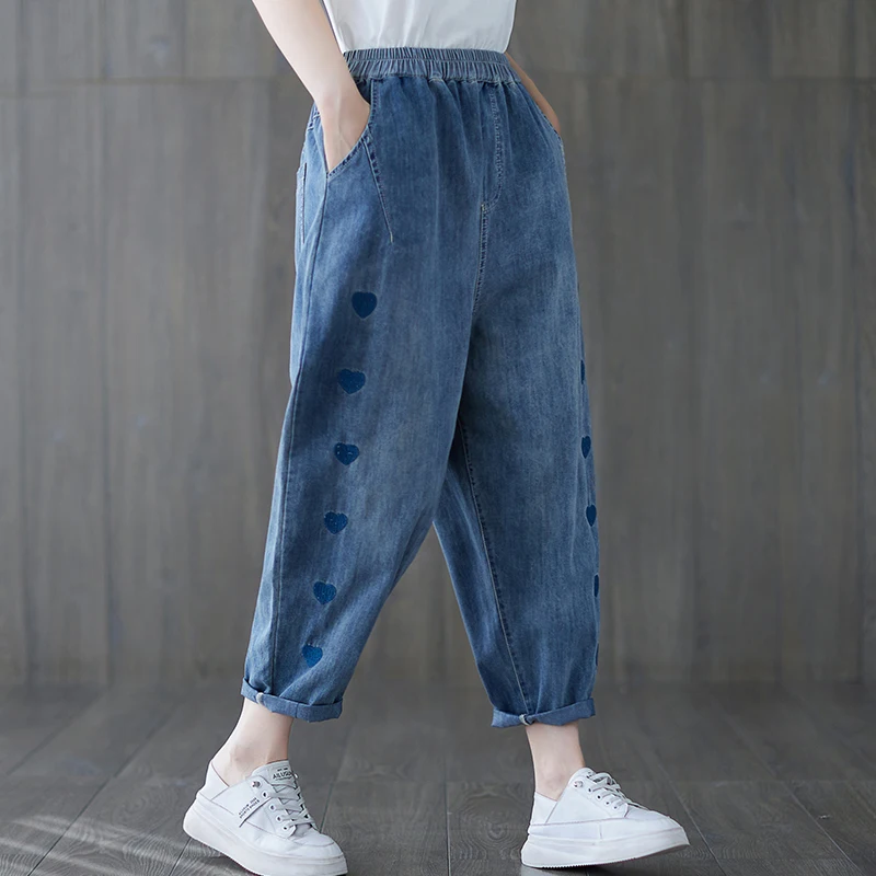 Summer Fashion Women's Denim Pants Sweet Heart Embroidery Elastic Waist Loose Casual Ankle Length Jeans Female Trouser