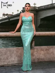 Missord Lightgreen Strapless Striped Sequin Mermaid Evening Gown Prom Cocktail Party Elegant Beautiful High Quality Luxury Dress