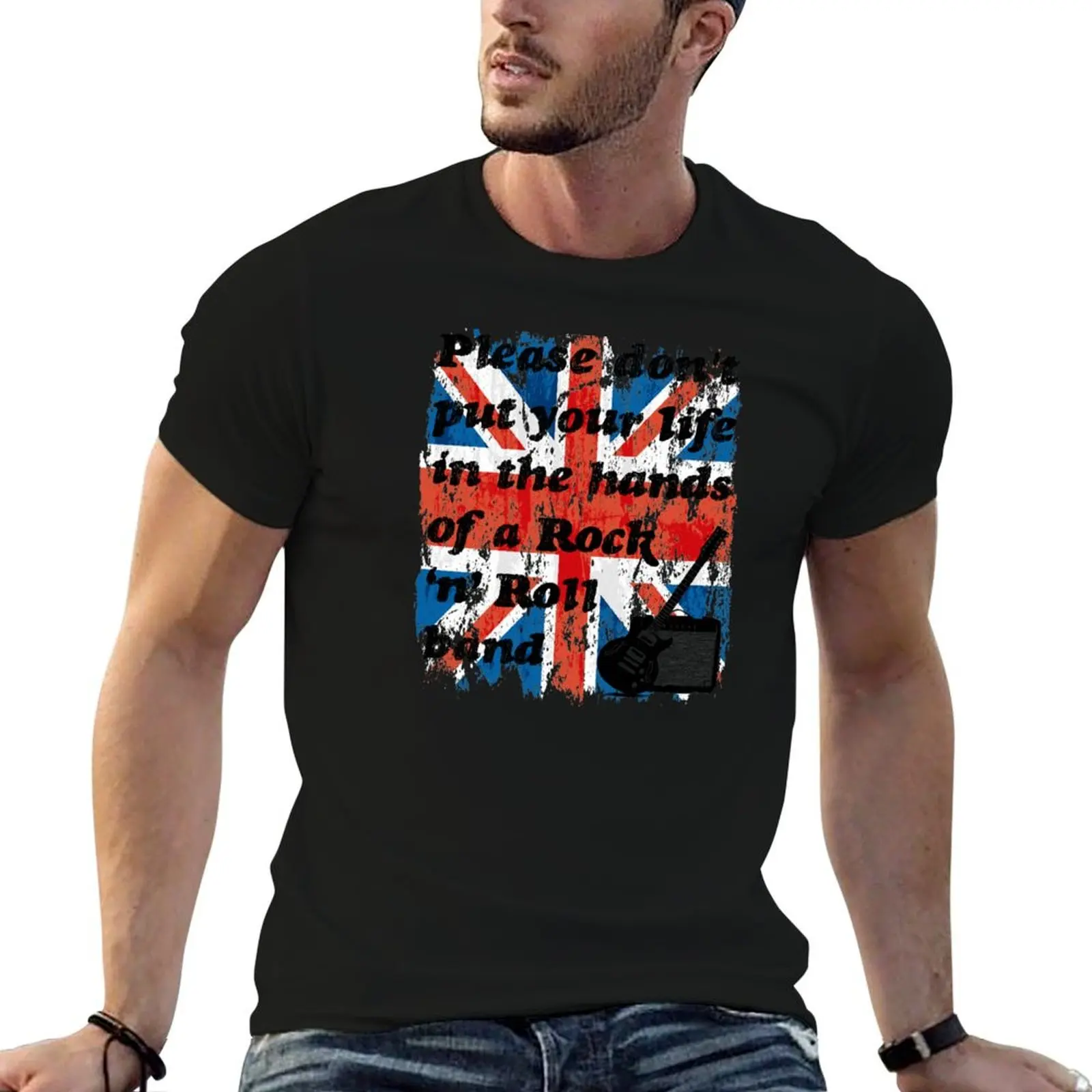 Por favor, no dejes que tu vida esté en manos de una banda de rock 'n' roll, camiseta con letras de Oasis Union Jack, camiseta para hombre, camiseta de algodón