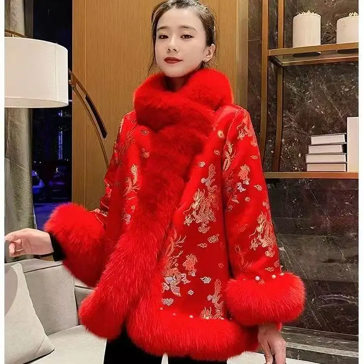 

New Year Thicken Red Eco Fox Fur Women's Winter Mid-length Plush Collar Cloak New Chinese Style Overcoat Female Coat Festive