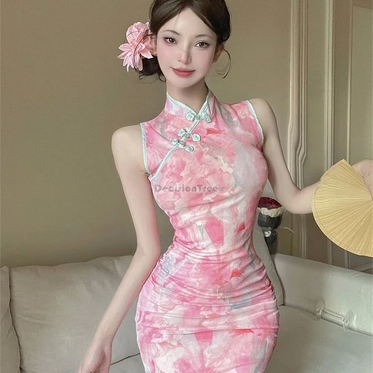 

2025 китайское улучшенное стильное сексуальное короткое платье Cheongsam без рукавов в стиле ретро с воротником-стойкой без рукавов с принтом, утягивающее длинное платье Ципао