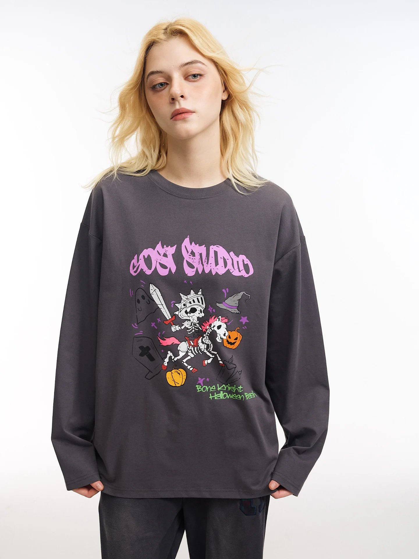 

GOST Skeleton Knight Long Sleeve T-Shirt Loose Fit Halloween Illustration Top for Men Casual Style Cotton Polyester Blend