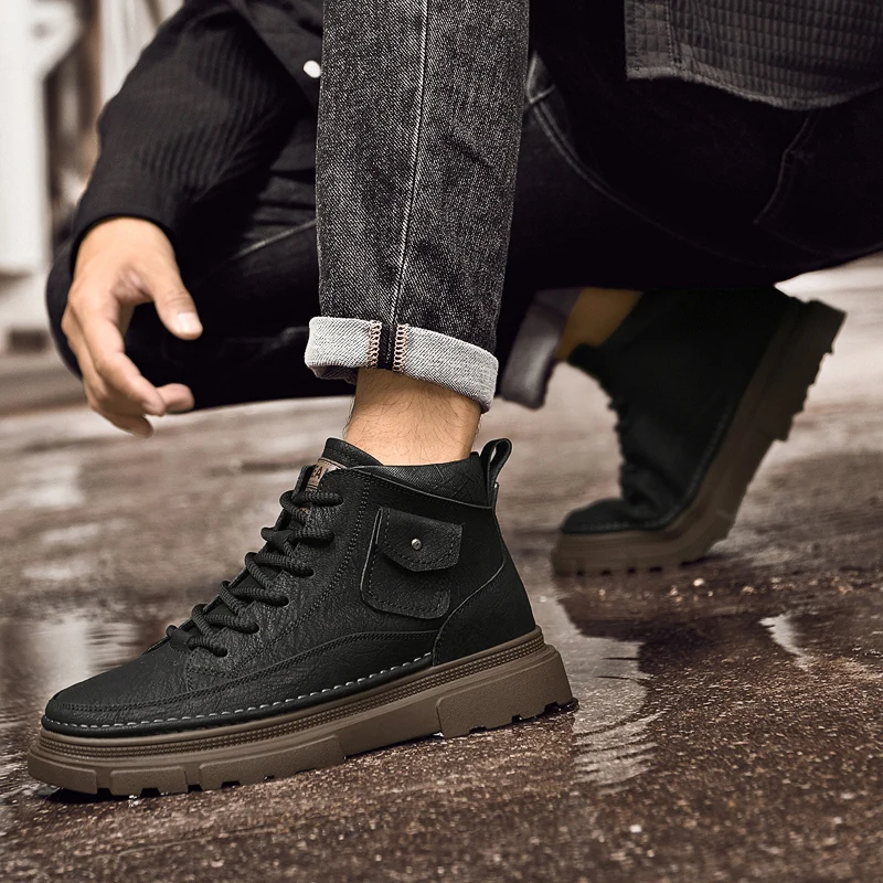 Classic High Top Men's Workwear Boots Quality Handmade Stitched Thick Soled Leather Boots Brand Lace Up Versatile Walking Boots