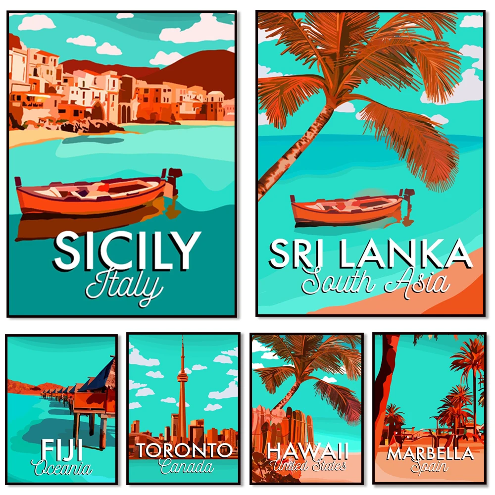 Amsterdam, Sicily, Italy, Havana, Cuba, Morocco, Rome, Sri Lanka, Fiji, Chicago, Canada, Aruba, Caribbean travel posters