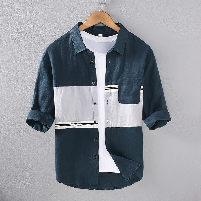 

941 High Quality Breathable Linen Shirt Men's Summer Fashion Three Quarter Sleeve Patchwork Casual Loose Cozy Thin Lapel Blouses