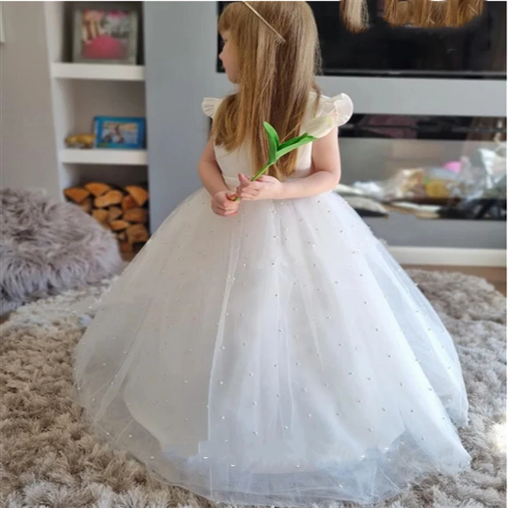 Lovely Fluffy Flower Girl Dress Princess Long Length The Round Neck  And Sleeveless Bow Pearls Kids Party Dress First Communion