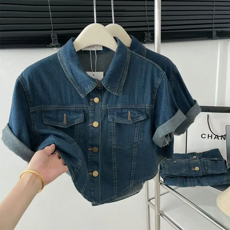 Korea Women Denim Shirt Casual Loose Summer Female Vintage Short Sleeve Jean Tshirt Buttons Fashion Turn Down Collar Crop Top