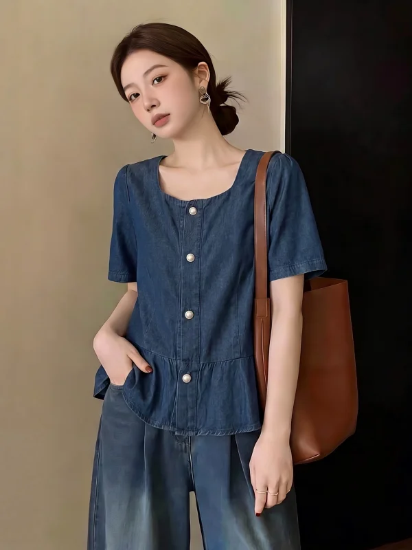 

Slim Fit Short Sleeve Square Collar Denim Shirt Women's Summer New Style Sweet And Salty Top Shoulder Width Regular Length