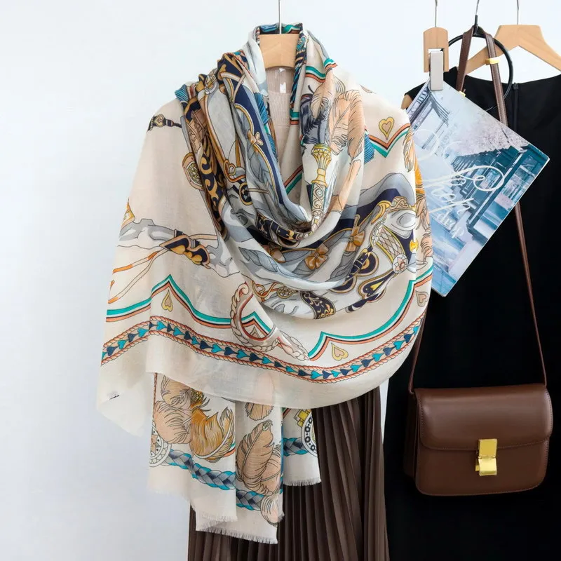 

High-end Elegant Women Exquisite Horses Print Quality Water Soluble Wool Handcrafted Fringe Soft Warm Long Scarf Shawl