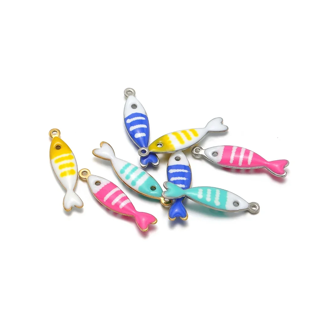 20pcs Stainless Steel Stripe Fish Charms Enamel Gold Color Pendants DIY New Fashion Necklace Making Jewelry Bracelet Accessories